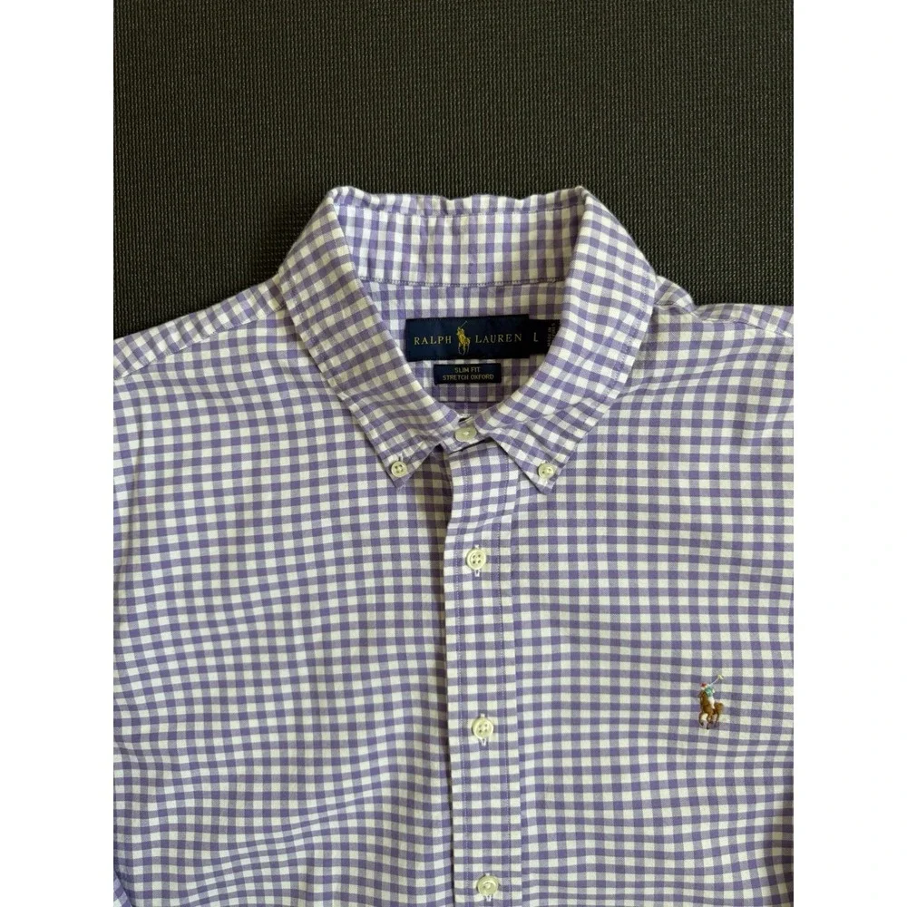Polo Ralph Lauren Mens Large Slim Fit Plaid Oxford Button Down Pony Purple